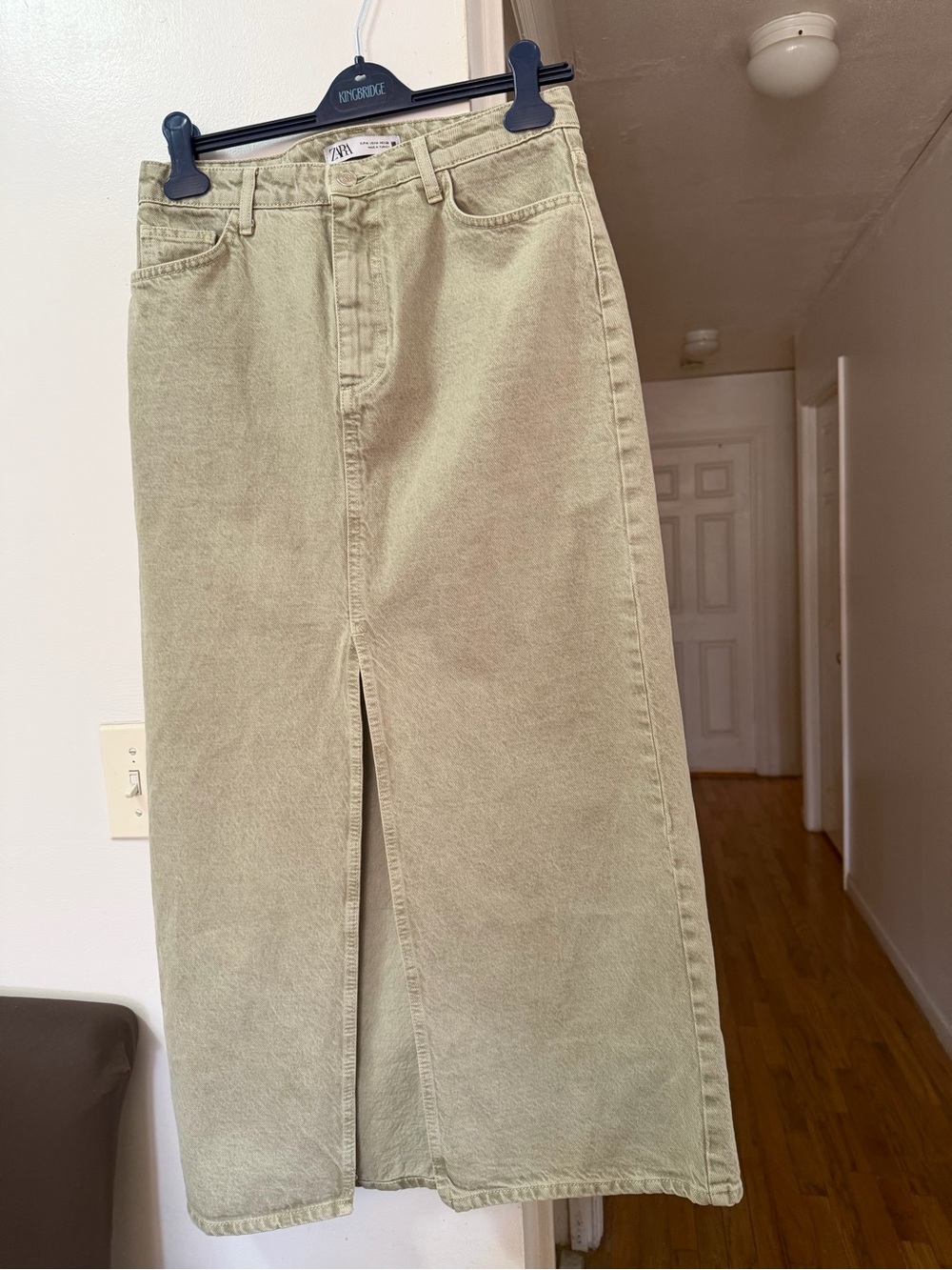 Zara Olive Green Denim Maxi Skirt with Front Slit